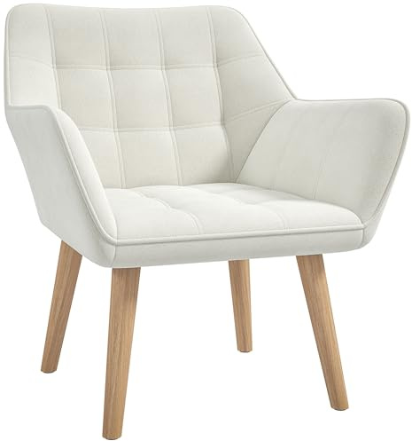 HOMCOM Accent Chair, Velvet Upholstered Vanity Tub Chair with Flared Armrests, Slanted Back, Solid Wood Legs, Comfy Padding Armchair, Home Bedroom Furniture Seating, Cream White