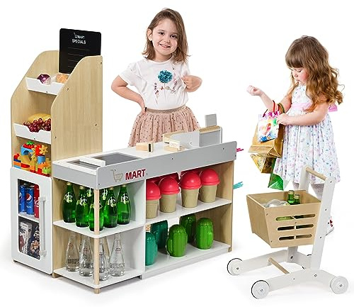 HOMASIS Supermercado Juguete con Carrito, Tienda Infantil con Pizarra, Caja registradora, escáner, Lector de Tarjetas, Tarjeta de crédito, Juego de rol para niños de 3+ años, 90x62x111cm, Amarillo