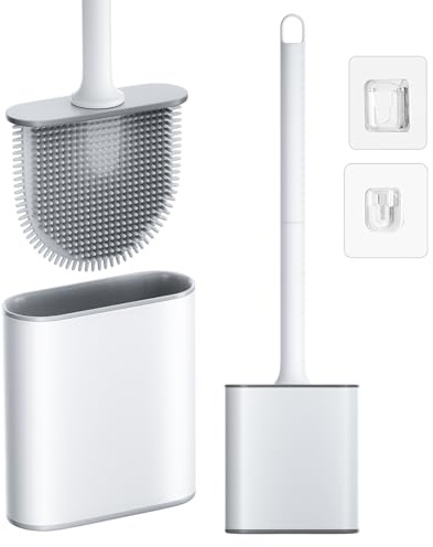 NEUTYPECHIC Scopino WC, Scopino WC in silicone e supporti per pulizia a profondità, anti-goccia, antibatterico, spazzolina WC ventilata, scopa WC montaggio a parete/pavimento, bagno e WC, bianco