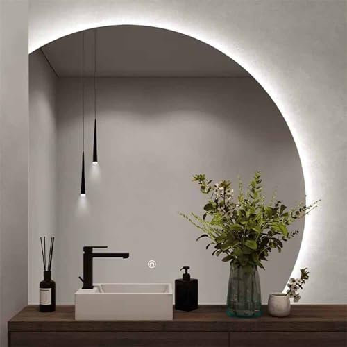 Generisch Specchio da trucco a mezzaluna con illuminazione regolabile 3000-6000 K, 90 x 90 cm, specchio semicircolare antiappannamento con interruttore touch, specchio decorativo irregolare per il