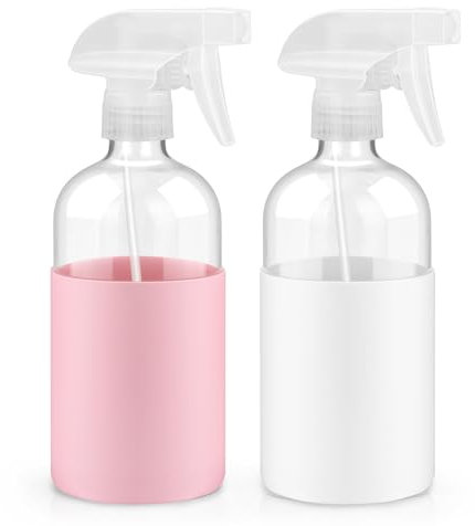 Worldgsb 2 Pack Glass Spray Bottles with Long Silicone Sleeve, 16 oz Empty Refillable Containers with Adjustable Spray Nozzles, Spray Bottles for Hair, Cleaning Solutions and Plants Pink&White