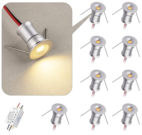 HHTUN Mini faretto LED 902 120°, DC12V 1W, 80Ra, 75lm, dimensioni ridotte, installazione integrata, adatto per l'illuminazione di mobili come cantinette per vino, scarpiere, ecc.(5000K,Silver,9Pack)
