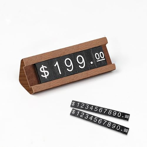 Mollytek Preisanzeige, Würfel, digitale Zahlen, Buchstaben, verstellbares Preisschild mit Holzsockel, Schmuck-Preisständer für Einzelhandel, Walnuss, 10 Sets