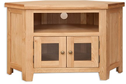 Harrogate Meuble TV d'angle en chêne massif avec 2 portes et panneaux de verre Naturel