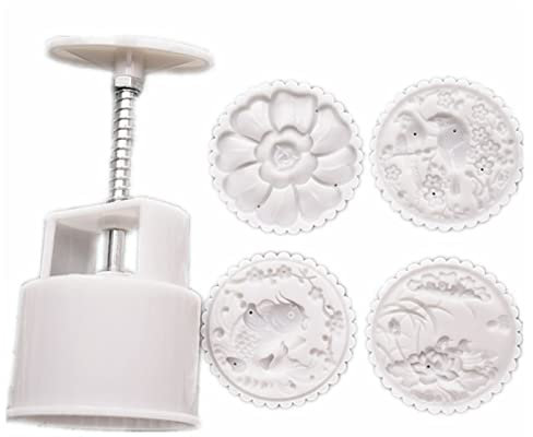 JUNNASALIKER 4Pcs 3D Flowers Stamps Moon Cake Decor Mould Barrel Round Mooncake Mold 100g Pastry Mooncakes Hand DIY Tool