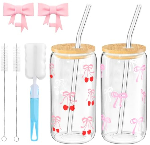 2 Stück 16 oz Glass Becher mit Deckel und Strohhalm, Eleganter Trinkgläser mit Tassenbürste, Strohhalm-Bürste, Rosa Strohhalmdeckel mit Schleife, Borosilikatglas für Kaffee Cocktails Tea und Mehr