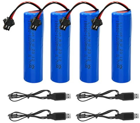 DAJASD 18650 Akku, 4 Stück 3.7 Volt 18650 Akku Li-ion 1200mAh Wiederaufladbarer mit SM-2P Stecker und USB-Ladegerät, 18650 Batterie für Ferngesteuertes Auto, Roboter