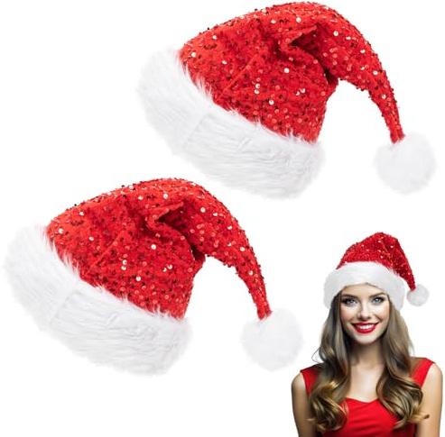 Kunoli 2PCS Sequin Santa Hat, Santa Hats for Adults, Plush Christmas Hat, Xmas Hats Adult for Women Men, Santa Claus Hats for Christmas Party Fancy Dress