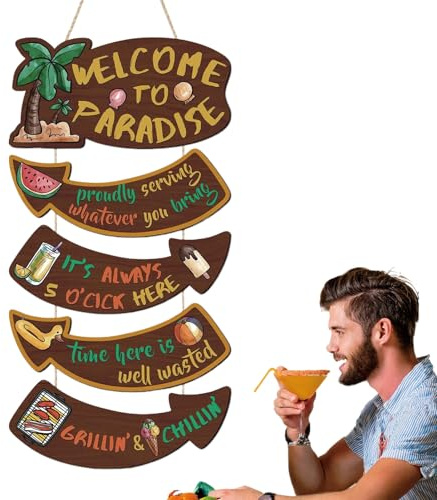 Willkommensschild Für Die Haustür | Holzschild Mit Tropenmuster Zum Aufhängen | Buntes Holzschild Für Garten Terrasse Eingang Urlaub
