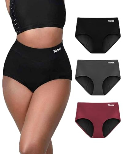 TIICHOO Culotte Menstruelle Flux Tres Abondant Doux Taille Haute Absorbante Culotte Regle Lot de 3(M, Bourgogne/Noir/Gris)