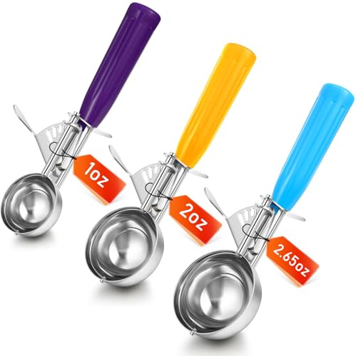 Reallnaive 3 Pcs Release Cookie Scoops Ice Cream Scooper with Trigger Release Portion Scoop Stainless Steel for Portion Control, Baking Food, Cookie Dough (1 Oz+2 Oz+2.65 oz,Purple,Yellow,Blue)