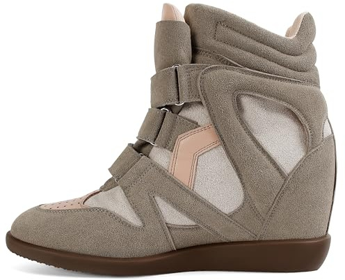 WJZDSJCO Wedge Sneakers for Women Heels Suede Hook and Loop High Heel Platform Tennis Round Toe Triple Strappy Band Casual Vintage Fashion Dressy Comfy Campus Trendy Retro Taupe