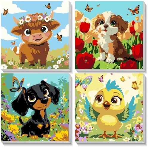 NEWENMO Söta Djur Måla efter Nummer med Ram, 4-pack Tecknad Måla efter Nummer, DIY Måla efter Nummer-set, Akryl-oljemålning för Presenter Hemdekoration 20x20cm