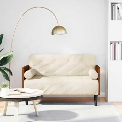 Mandloder Zweisitzer-Sofa, Leinenstoff Hellgrau, 110 cm Sitzbreite, mit Nackenrollen, Wohnzimmer Sofa für kleine Räume, Stabiler Sperrholzrahmen, modern, bequem