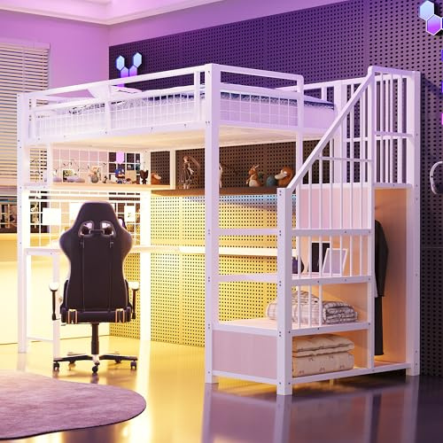 WIZBED Hochbett Metallbett 90x200cm mit LED & USB, Treppe, Schreibtisch, Bettrahmen Etagenbett mit Lattenroste &Kleiderschrank,Jugendbett, Bettgestell, ohne Matratze,Weiß
