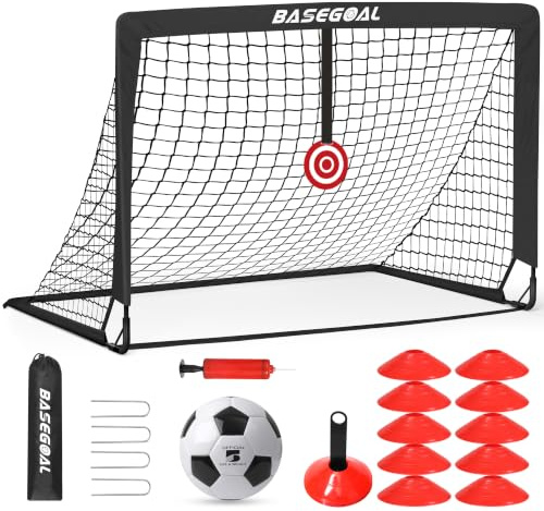 Fußballtore für Garten 150x120cm, inkl. Fußball, Bullseye, Fußballhütchen | Ideale Größe für junge, mit Erdankern für festen Halt auf Rasen, leicht für Park & Strand