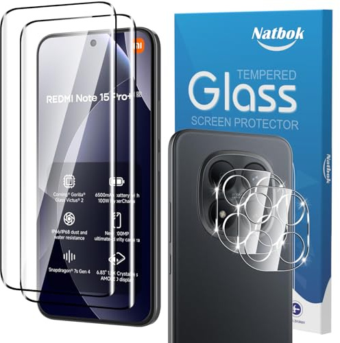 Natbok 3D Protector de Pantalla para Xiaomi Redmi Note 15 Pro Plus 5G, 2+2 Piezas Cristal Templado con Protección de Cámara Dureza 9H Antihuellas Sin Burbujas Vidrio Templado para Redmi Note 15 Pro+