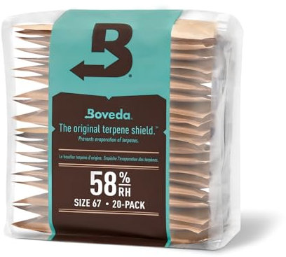 Boveda zur Aufbewahrung von Kräutern | 2-Wege-Feuchtigkeitsregulierung mit 58% relativer Feuchtigkeit | Größe 67 schützt bis zu 450 g Blüten | verhindert den Verlust von Terpenen | 20 Stück