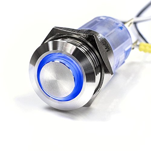 Metzler® LED-Druckschalter mit Ringbeleuchtung und IP67-Schutz Blau Edelstahl rostfrei für 16mm Einbau vandalismusgeschützt ertastbare Fläche ideal für Auto Boot 10 Jahre Ersatzteilverfügbarkeit