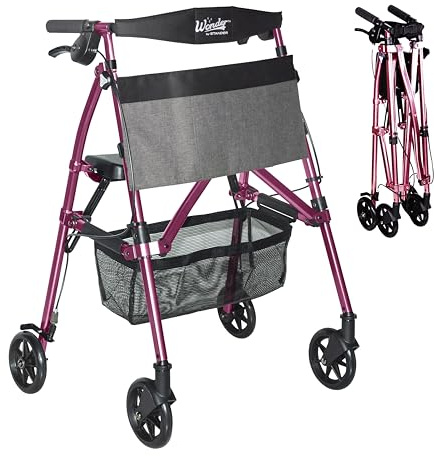Stander Wonder Rollator Plus, Lightweight Folding Mobility Rolling-Walker, EZ Fold-N-Go-Rollator for Seniors and Adults, 6-inch Wheels, Locking Brakes and Padded Seat with Backrest, Regal Rose