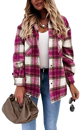 Camisa de Cuadros para Mujer,Algodón Blusas Franela de Manga Larga Casual Clásica con Botones,Camisas a Cuadras para Primavera Otoño Invierno (Rosa Rojo, S)