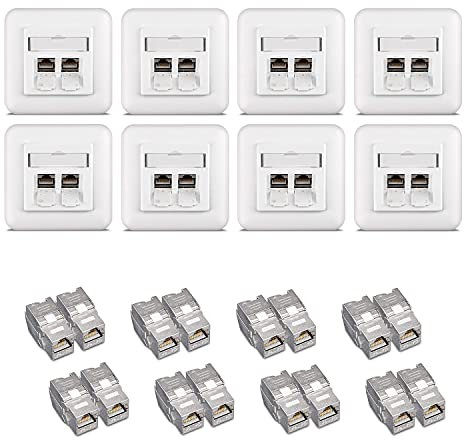 kwmobile Keystone Dose Modul Set - 16x Keystone Modul 8X Netzwerkdose CAT 6A Kabel - 10Gibt/s geschirmt Metall Gehäuse RJ45 Schnappverschluss