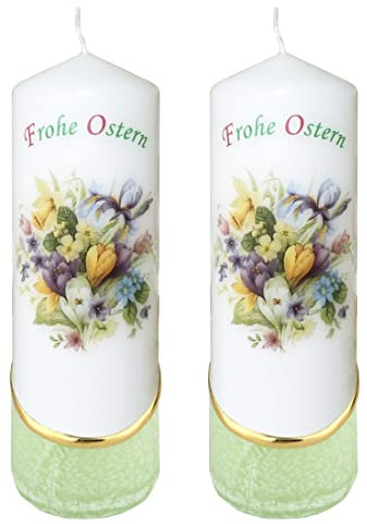 Meissner-Handel Auswahl * 2 Stück Osterkerze Stumpenkerze Osterdeko * 6 x 18 cm * mit farbigen Wachs- und Bildauflagen * Auswahl Motiv + Farbe * grün * (Serie 4 - Set 19/19)