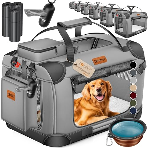 Lovpet® Transportín para perros, plegable, incluye cuenco para alimento, tamaño XL: 81,3 x 58,4 x 58,4 cm, caja de transporte para mascotas, perros y gatos, gris claro