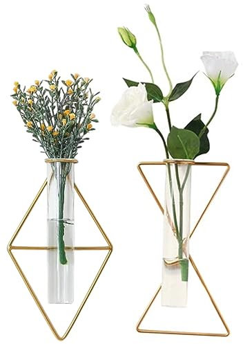 Nordische goldene Wandvase, hängende geometrische Metallvase, Hydrokultur-Pflanzgefäß, Wandmontage, Glasröhre, Knospenvase, dekorativ für Tafelaufsätze, Hochzeit, Heimdekoration (Gold 11)