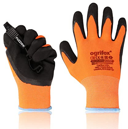 FUZZIO 12 Paar Arbeitshandschuhe Herren Gr 10, Mechaniker Handschuhe neonorange, Gartenhandschuhe Herren, Arbeitshandschuhe Damen, Montagehandschuhe Herren, Schrumpf Latex Beschichtung Handschuhclip