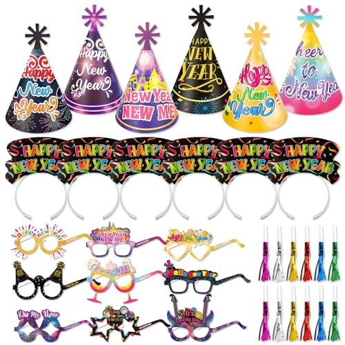 DPKOW 2025 Silvester-Party-Zubehör, Foto-Requisiten, Neujahr, buntes Stirnband, Fransen, Gebläse, Papierbrillen, Kegelhüte für 2025, Silvesterparty, Dekoration, Partyzubehör, 42 Stück