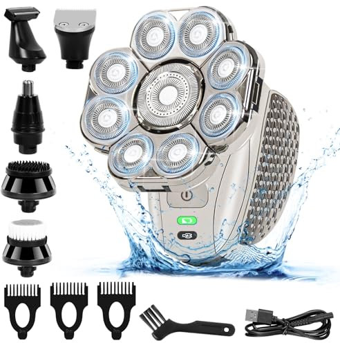 Glatzen Rasierer Herren Elektrisch, 9D 6 in 1 Glatzen Rasierer Herren, Kopfrasierer Glatze Nass Und Trockenrasierer Kopfrasierer für Glatze mit 9 Rotierende Scherköpfe IPX7 Wasserdichter