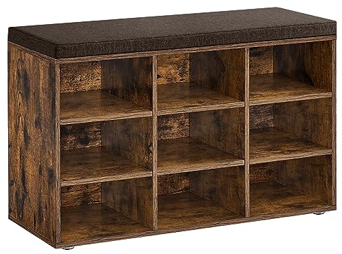 Vasagle Skobänk, sittbänk, skohylla med sits, med kuddar och 9 fack, förvaringshylla, för korridoren, rymmer upp till 136 kg, vintagebrun-kastanjebrun LHS009B01