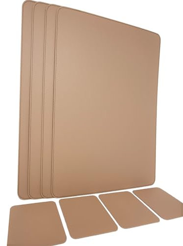 Nikalaz Platzsets und Untersetzer (4er Set) aus recyceltem Leder, Tischsets, 4 Stück Platzsets und 4 Undersetzer, Platzdeckchen und Untersetzer 10 x 10 cm (45.7 x 33.02, Camel)