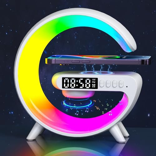Wireless Speaker Charger Light,LED Bedside Lamp 4-in-1 Alarm Clock,Mood Light, Speaker & Wireless Charger 15w,RGB Colour Changing Lamp for Bedroom,Birthday Gifts for Teenage Girls Boys Friends