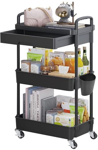 Wuciray 3 Schicht Regal mit Rollen Beistellwagen mit Rollen Rollregal Schwarz Putzwagen Friseurwagen Servierwagen Bastelwagen für Kinder Rollwagen Plastik mit Schubladen Aufbewahrungswagen