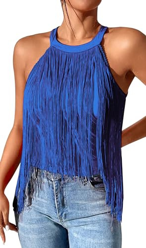 FEOYA Top da donna con frange all'americana orlo asimmetrico con nappe senza maniche Halter Top Cowgirl tinta unita Boho Camisole Rave camicie country concerto festival abiti, 02 Blu, XL