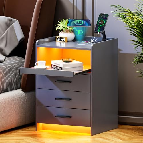 Lvifur LED-sängbord med laddningsfunktion, smart nattduksskåp med 24 färger dimbar, högglans skänk med 3 lådor USB Type-C automatisk sensor sovrum grå