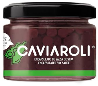 Perlas de salsa de Soja Gourmet para Aliño o Decoración bote 50gs. Esferas de salsa de soja en su interior líquido, estallan en la boca cuando las muerdes. Color marrón y característico sabor umami.
