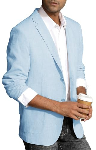 PJ PAUL JONES Blazer casual da uomo in cotone e lino, leggero, 2 bottoni, non foderato, Azzurro, M