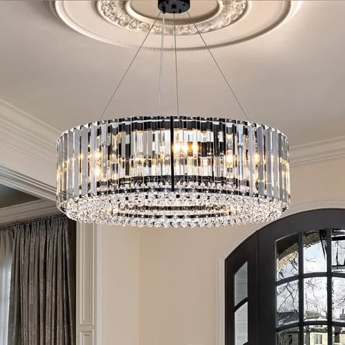OYIPRO Modern Crystal Chandelier Black Metal 6 Lights Semi Flush Mount Round Ceiling Light for Dining Room Living Room Bedroom Kitchen D19.7’’ E12 Based