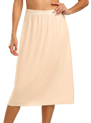 Vlazom Enagua Larga para Mujer Bajo Vestido Suave Cintura Elástica con Ribete de Encaje (M,Nude)
