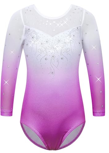 HUAANIUE Justaucorps Fille 3-14 Ans, classiques sans manches & manches 3/4, strass symétriques, dégradés, extensible & respirant, idéal pour gymnastique, danse, ballet (B348-Violet Dégradé, 3-4 Ans)