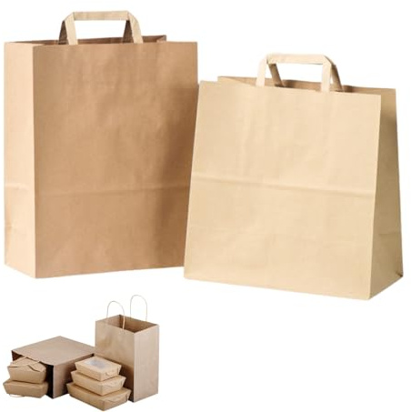 50uds. Bolsas de Papel Kraft con Asas, Grande 30x34x16 cm, Reutilizables y Biodegradables, Bolsas de Regalo para Fiesta, Compras y Comercio (Marrones)