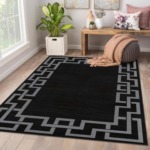 AMEHA Rugs Living Room 120 x 170 cm - Large Black Area Rugs for Bedroom Non Slip - Modern Carpet Non Shedding Greek Key Style Durable Soft Low Pile Bedside Rug for Kids Room Easy Clean (Nico Black)
