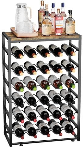 Urban Deco Weinregal für 30 Flaschen, Flaschenregal Stehend mit Holz Tischplatte, Weinregal Metall Schwarz für Küche Bar Keller Esszimmer, 59 x 30 x 89 cm