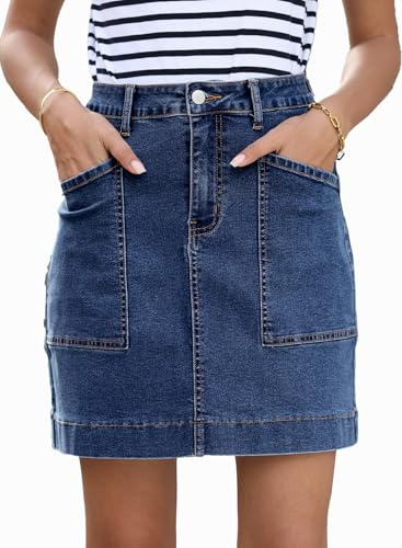 Sidefeel Women's Denim Skirt High Waisted Stretch Casual Mini Skirt Cute Jean Skirt with Pockets Dark Blue Medium