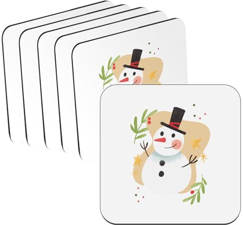 Untersetzer aus Holz, Schneemann und Stechpalme, Weihnachtszauber, Winter, Geschenk, 6 Stück (95 x 95 mm)