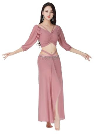 OZLCUA Bauchtanzanzanzug Tanzkleid-Übungsanzug, Bauchtanz-Übungsanzug, großes Netz, sexy Performance-Anzug, Line-Dance-Kostüm for Bauchtanz(Pink,XXL)