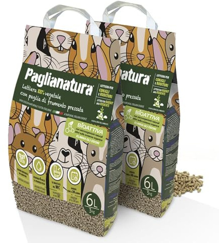 Paglianatura Kit 2 Pezzi - Lettiera Bioattiva per Roditori in Pellet 6mm, Naturale ed Ecologica - Assorbenza Elevata - 3kg/6 Litri